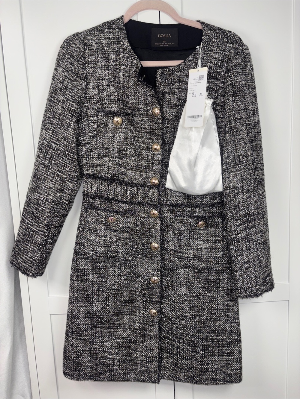 Black & White Tweed Blazer Dress with Gold Buttons
